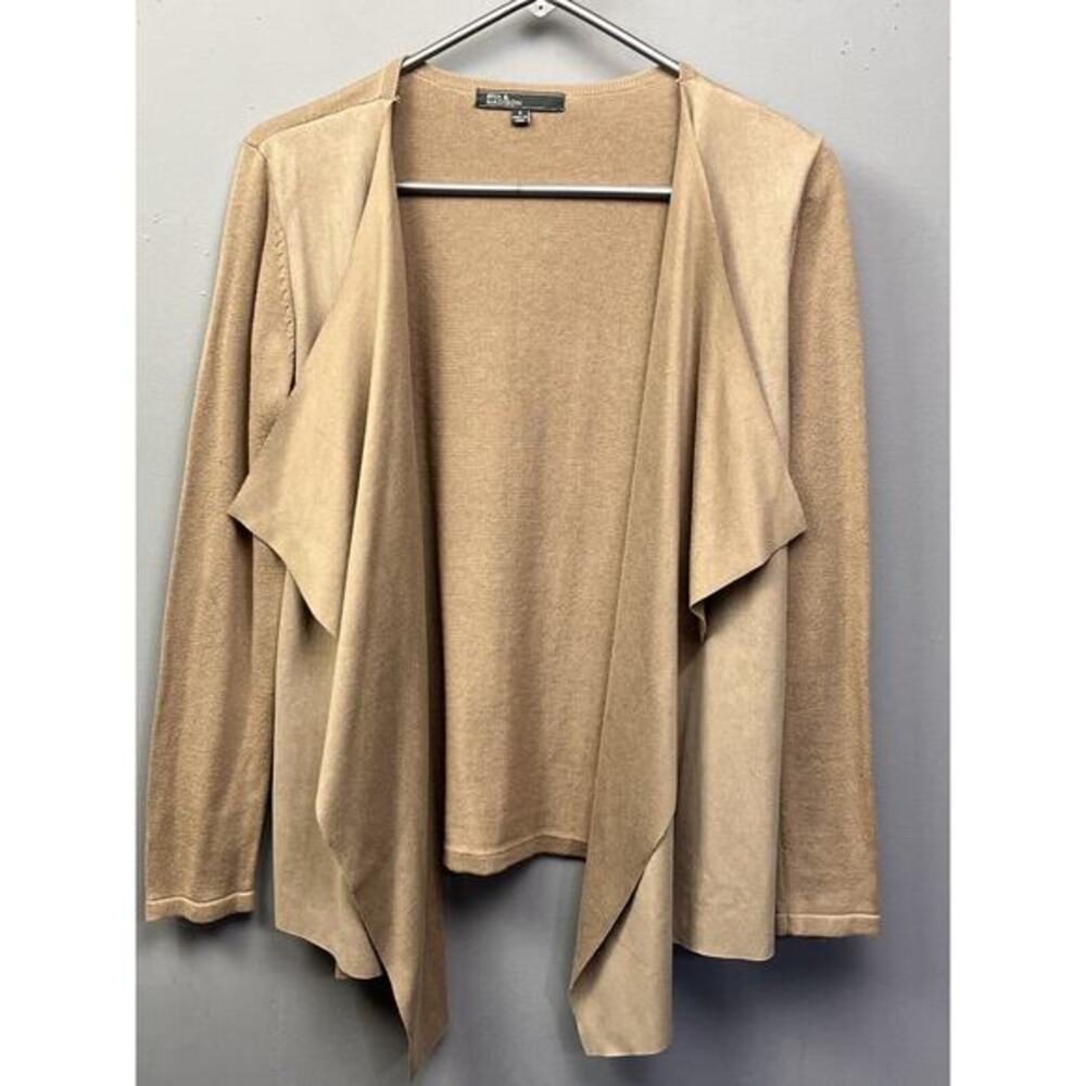 89th And Madison Open Front Cardigan Womens small Tan Faux Suede accents Knit‎